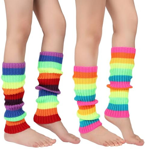 viiotu 2 Pair Rainbow Leg Warmers, Knitted Neon Leg Warmers for Women Girls Ladies, Perfect for 80's Party Ballet Ice Dancing & Daily Wear