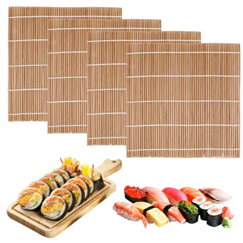 ZORVYN 4 Piezas Sushi Mat, Esterilla de Bambú Natural para Enrollar Sushi, Ideal para Principiantes y Profesionales