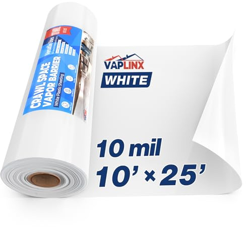 Barriera al vapore spaziale bianca per gattonare, Barriera al vapore da 10 mil, 10' x 25', Pellicola di polietilene resistente, Rivestimento in plastica spessa, Copertura in tessuto di plastica per