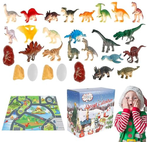 Calendario dell'avvento per bambini 2024, 24 giorni Calendario Avvento Dinosauro 2024 con 24 giocattoli e mappa, conto alla rovescia di Natale genitore-figlio educativo per regali per bambini, stile