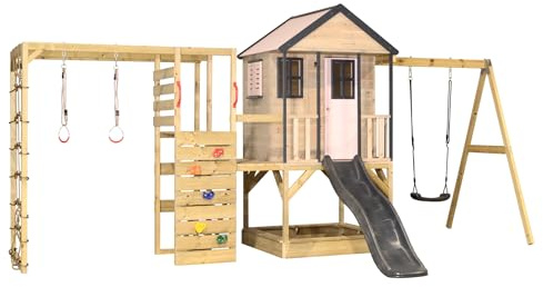 Wendi Toys caseta Infantil de jardín de Madera FSC 342×508×242 cm con tobogán 175 cm, Columpio y Zona de Escalada con Pared, Red, Barras con y Doble Plataforma 90/120 cm, Rosa/Gris - M50PPG-G
