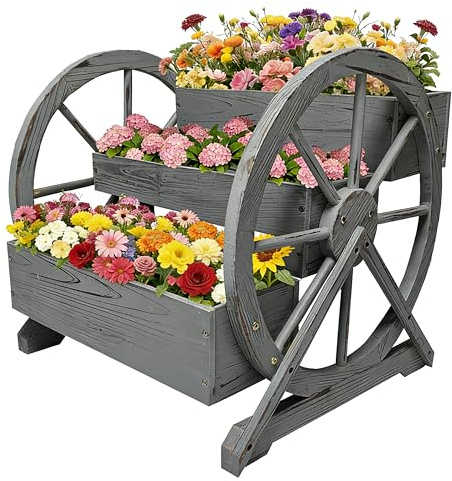 Wooden Planter Box-Wagon Wheel Flower Planter-Rustic Farmhouse Outdoor Planter for Patio,Porch&Garden Decor-3 Tier Large Rectangular Flower Pot for Indoor&Outdoor Plants,Succulents,Herbs,Vegetables