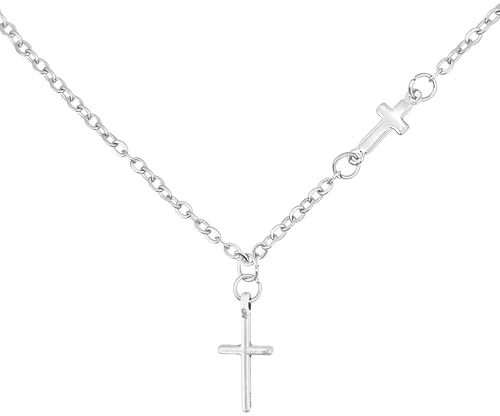 RUGGED steel - Collier pour femme en acier inoxydable avec 2 petits pendentifs en forme de croix - Chaîne à maillons courte de 40 cm (+ chaîne d'extension de 4 cm) - Imperméable et hypoallergénique