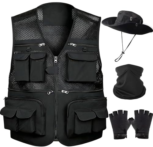 HUNTURE Mens Fishing Vest, Black Mesh Vest and Hat Gloves Cooling Neck Gaiter Set for Hiking Travel, Multi Pocket Summer Safari Vest