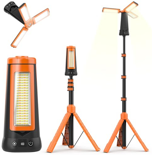 Projecteur de Chantier avec Trépied, 12000mAh Rechargeable Lampe de Camping LED à 3 Têtes, 5000LM 6500/4500/3500K Réglable & 5 Mode, Lampe de Travail Portable pour Pêche, Atelier, Urgence (Orange)