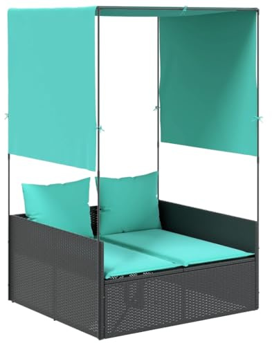 HFXHIJXQ Lettino prendisole nero, 118 x 110 x 187 cm, doppio lettino da sole, in rattan, resistente alle intemperie, con tenda, per giardino, terrazza, balcone, design moderno e comfort