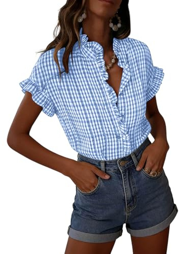 Checked Shirts Womens Gingham Check Short Sleeve Blouses Button Down Shirt Ruffle Trim Stand Collar Blouse Casual Loose Fit Summer Top for Ladies Daily Wear S-XXL