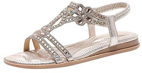 Sandalias planas de verano para mujer, pies anchos, sandalias bohemias con pies suaves, separadores de dedos, bonitos zapatos de verano, ligeros, elegantes y planos, con perlas de estrás, zapatos de