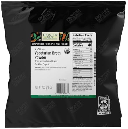 Frontier Co-op Organic No-Chicken Vegetarian Broth Powder, Bulk Bag, Organic Vegetable Soup Base Mix for Soups, Stews, Hot Drinks, Restaurant Supply | 16 Ounce (Pack of 1)