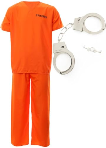 Adults Unisex Prisoners Costume with Cuffs – X-Large - Orange Prisoner Top, Matching Orange Trousers, Prop Handcuffs – Cops & Robbers, Halloween Fancy Dress