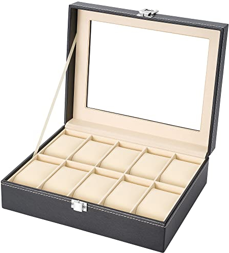 Readaeer Uhrenbox für 10 Uhren Kasten Speicher mit Glasdeckel schwarz aus PU-Leder