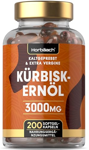 Kürbiskernöl Kapseln 3000mg pro Tagesdosis | Mit natürlichen Vitamin E | Hochdosiert | Naturbelassen & Kaltgepresst | 45% Linolsäure (Omega 6) | 200 Pumpkin Seed Kapseln | Horbaach