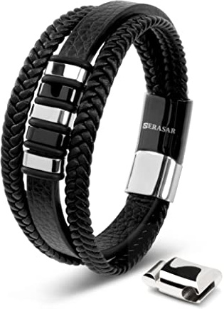 SERASAR Bracelet Cuir Homme, Cuir, en pour Homme Reglable Accessoires Cadeau Bijoux Anniversaire Noir/Argent 23cm