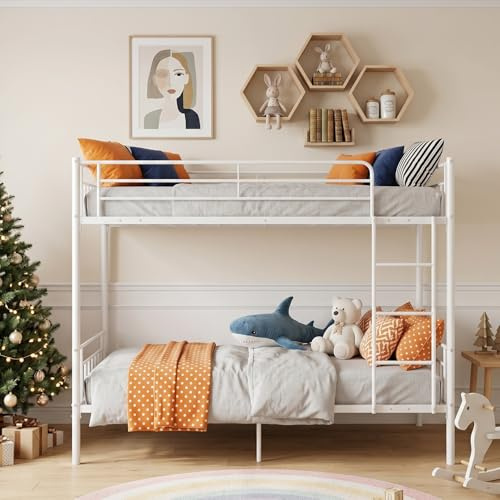 Panana Twin Over Twin Bunk Beds, Modern 3FT Single Metal Bed Frame Home Sleep For Kids/Adult Children Bed Frame With Stairs (White)