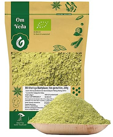 BIO Moringa Pulver | Blattpulver Moringapulver | fein gemahlene Moringa Oleifera | Organic Bio-zertifiziert DE-ÖKO-039 | Moringa Powder | Für Smoothies und Tee | OmVeda (200g)