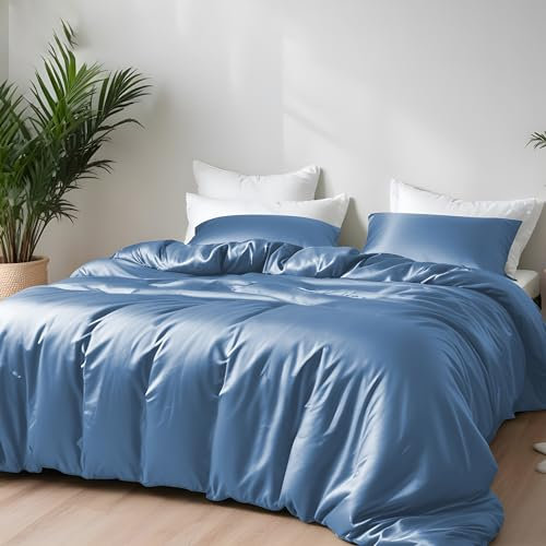 LINENWALAS 100% Organic Bamboo Silk Duvet Cover Set, Single Size Soft Cooling, Anti Allergy Bedding Set Perfect for Skin Care 140x200 cm (Single, Bahamas Blue)