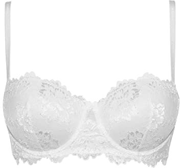 LORMAR Deluxe Fascia Reggiseno Fascia Balconcino in Pizzo con Coppe Graduate e Spalline Staccabili, Effetto + 1 Taglia con Ferretto (Bianco, 5 XL IT Donna)