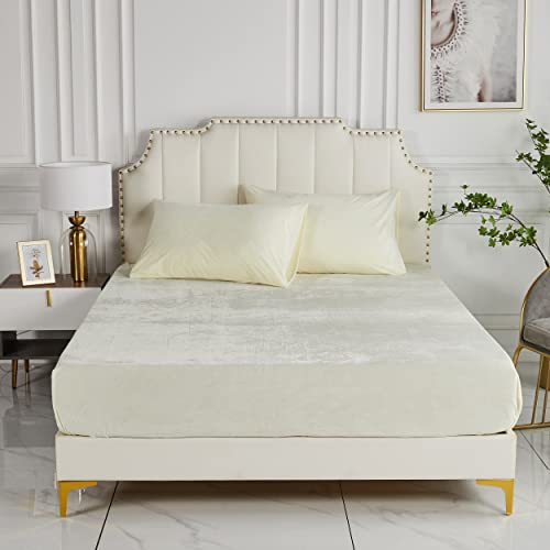 Damier Plüsch Spannbettlaken 200x200x30cm Beige Weiß Winter Warme Flauschige Bettlaken Cashmere Touch Spannbetttuch Geeignet für 30cm Matratze