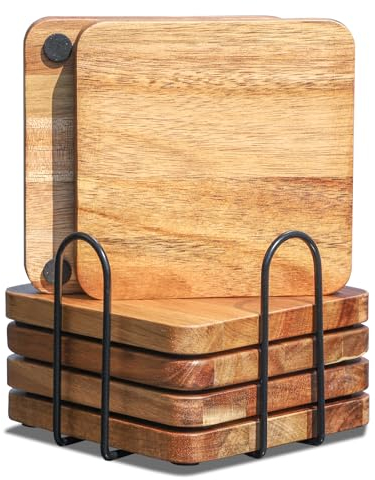 WLWNWFT Untersetzer Gläser Holz 6er Set, Untersetzer aus Akazienholz mit Halter, Glasuntersetzer Holz eckig, Holzuntersetzer für Getränke, Bar, Tassen, Glas, Getränkeuntersetzer