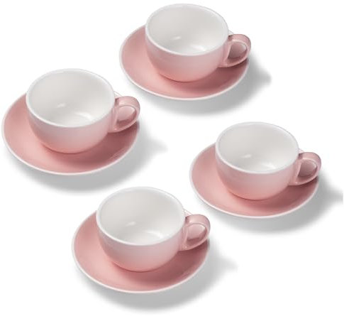 Terra Home 4er Milchkaffee-Tassen Set - Rosa, 350 ml, Glossy, Porzellan, Dickwandig, Spülmaschinenfest, italienisches Design - Kaffee-Tassen Set mit Untertassen