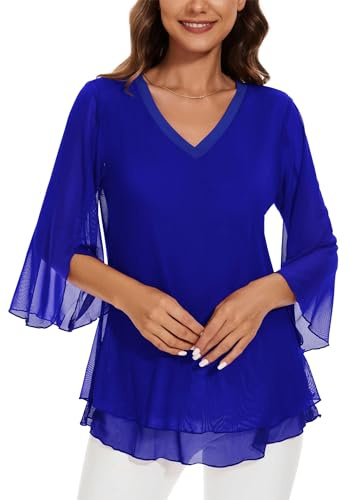Actcat Chemisier en maille pour femme - Manches 3/4 - Tunique élégante - Double couche - Col en V - Haut en maille ample, bleu roi, 3XL