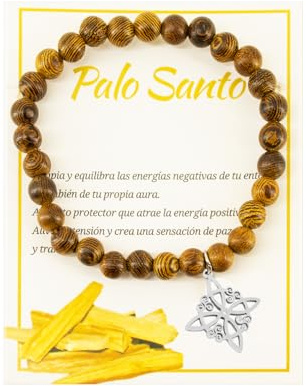 Only faith Pulsera de Palo Santo con Cuentas de Madera y Colgante Amuleto de protección Nudo de bruja, Equilibra Energías Negativas (Nudo de Bruja Trisquel)