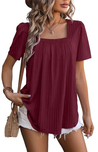 Flikity Ladies Summer Tops, Square Neck Blouses for Women UK Puff Short Sleeve Ladies Tunic Tops Womens T Shirts Going Out Party Top Casual Office Wear Wine Red 2XL