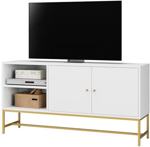 FirFurd TV Schrank Lowboard Fernsehschrank Fernsehtisch mit 2 Türen TV Board Holz und Metall 120 x 60,3 x 30 cm Weiß und Gold