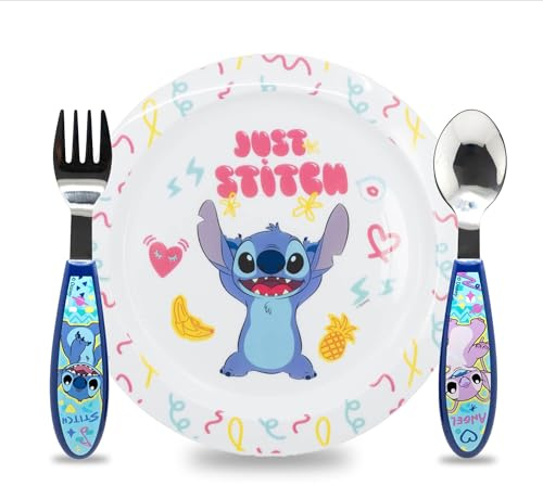 Sorrisini Vajilla Infantil Reutilizable Apta Para Microondas Para Niños, Juego de Desayuno para la Primera Comida Cubiertos, Tenedor, Cuchara de Acero Inoxidable y Plato, sin BPA Lilo Wow
