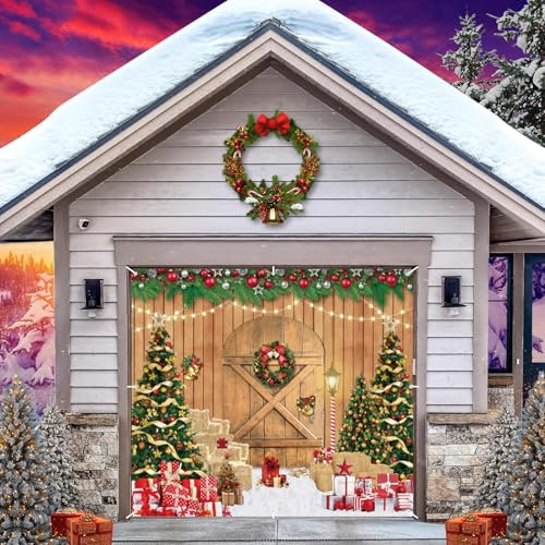 Toile de fond pour porte de garage de Noël, bannière de couverture de porte de garage, grange, neige, arbre de Noël, cadeaux de meule de foin, bannière de porte de garage simple, décorations de