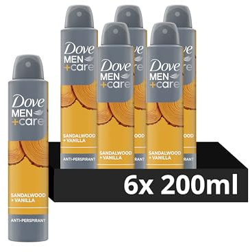 Dove Men+Care Advanced Sandalwood + Vanilla Anti-Perspirant Aerosol Deodorant Spray with ¼ moisturising cream for 72 hour sweat protection and anti-bacterial odour control 6x 200 ml