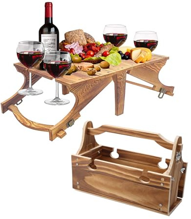 Faltbarer Picknickkorb aus Holz, 2 in 1, Picknickkorb mit klappbaren Doppelgriffen, Glasständer, Picknickkorb im Vintage-Stil, für draußen, Obst, Käse, Snacks, Eier, Camping,
