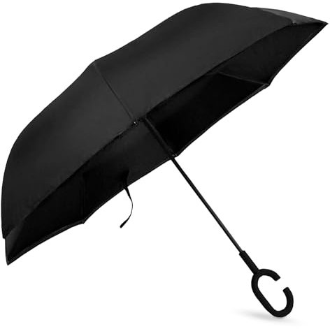 TIENDA EURASIA - Paraguas Invertido Grande | Manos Libres | Plegable | Color: Negro | Paraguas Bastón | Mango en Forma de C | Resistente