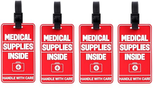 Tinoaly 4pz Forniture Mediche All'Interno Etichette e 4pz Cinghie Robuste, Etichette Mediche per Bagagli Medici Design Tridimensionale con Schede Informative per Varie Valigie o Zaini Viaggio