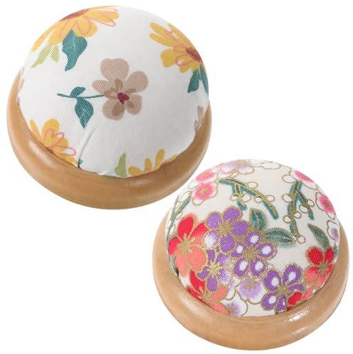 2 Packs Round Pin Cushion Wooden Base Needle Pincushions Cute Japanese Style Pin Cushions Floral Style Needle Holders Pincushion for DIY Crafts Daily Hand Sewing or Quilting