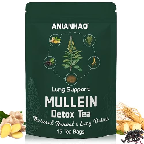 Mullein Tea Bags for Lungs - Lung Detox Cleanse Mullein Leaf Tea - Mullein Leaf, Thyme, Elderberry, Ginseng, and Ginger for Respiratory, Lung Cleanse, Iymphatic Cleanse & Detox, Immune Support