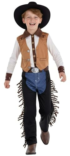 Boys Classic Western Cowboy Costume | Shirt Vest Combo and Pants with Chaps for Halloween and Dress Up X-Large