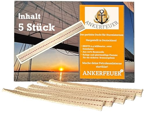 ANKERFEUER 5 x veke á 12 cm tillverkad av 100 % bomull röd spårtråd 12,5 mm bred + kompatibel exakt med eldens stormllykta 276 samt andra fotogenlykta, kan skäras till, säker, lugn flamma