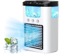 Mini Aire Acondicionado Portátil con Batería Recargable de 1200 mAh, Mini Enfriador de Aire 600ML Tanque, Climatizadores Evaporativos Función de Frío y Humidificación, 3 Modos, 7 Colores Luz sin Cable
