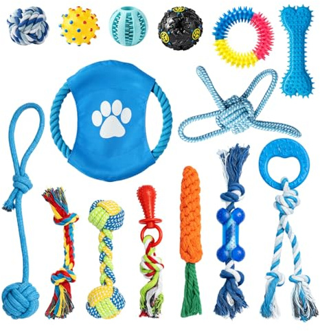 M.J COMFY-LIFE 15-Pack Dog Chew Toys for Small Medium Large Dogs Puppy Teething Toys Set with Squeaky Balls & Tug Stick Indestructible Interactive Dental Health Toy for Boredom Relief