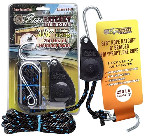Rope Ratchet 3/8 Tie Down, Block & Tackle Pulley System with Hooks, Adjustable Hanger for Kayaks, Canopies, Tents, 8' Braided Polypropylene Rope, 250 lb Capacity, Ideal for Roof Rack, Canoe Tie Downs