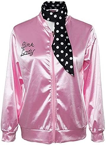 Women Ladies Costume 50s Sandy Pink Satin Jacket with Neck Scarf Halloween Costume Fancy Set,S