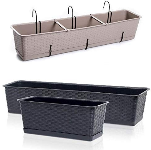 Blumenkasten Balkonkasten Blumentopf Rattan Optik Case P mit Aufhängung Untersetzer Geländerkasten 4 Größen (600 Umbra)