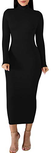BORIFLORS Women's Sexy Basic Long Sleeve Turtleneck Bodycon Party Long Pencil Dress,Large,Black