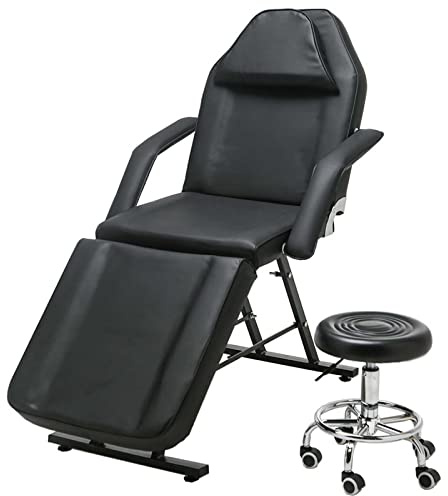 Hironpal Black Beauty Bed Adjustable 3-section Massage Bed Massage Table and Stool Facial SPA Beauty Bed with Stool PU Leather Tattoo Bed