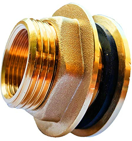 MegaHaustechnik Tank Durchführung mit Anschlag und 2 Dichtungen Loch Größe 22 mm 1/2 Rohr Zoll Aussen Gewinde AG x 3/8 Innengewinde IG Wandungsstärke max. 10 mm Regentonnen Verschraubung Messing