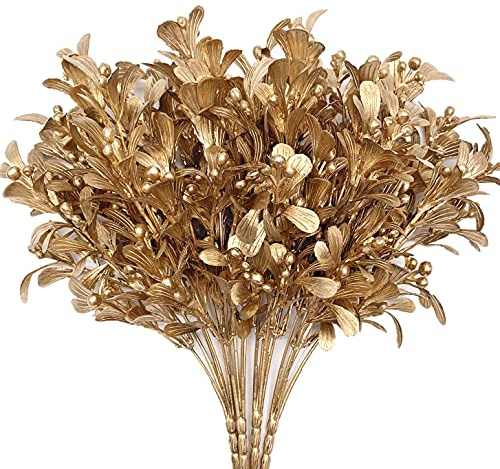 Artificial Flowers Christmas Decor, Golden Leaves Branches Plants Fake Berry Grass for Wedding Bridal Bouquet Party Indoor DIY Home Office Table Centerpieces Arrangements Decoration - Gold 4 Pack