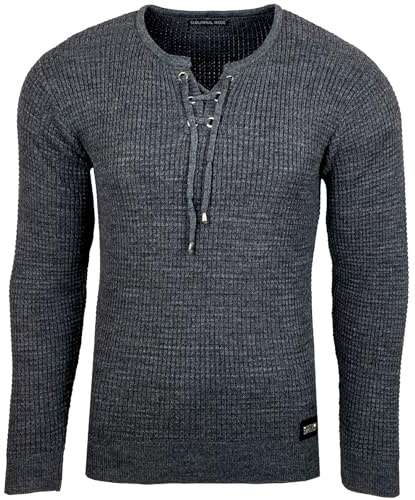 Subliminal Mode Maglione da uomo in maglia con scollo a V con laccio - Stile basic - Vestibilità aderente - Pullover lavorato a maglia invernale a maniche lunghe - Idea regalo BX52132, grigio, L