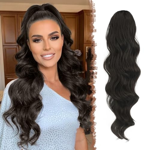 FESHFEN Coleta Postiza Larga Extension Coleta Rizada con Cordón Sintética Ondulado Postizos de Pelo para Mujer, Negro Natural 60cm