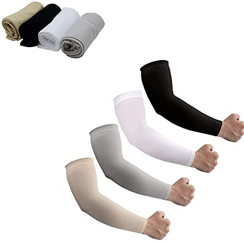 4 Pair UV Sun Protection Compression Arm Sleeves for Men & Women, Tattoo Cover Up, Cooling Athletic Sports Sleeve for Football, Golf, Volleyball, Fishing, Running, Play Basketball, Cycling&Hiking
